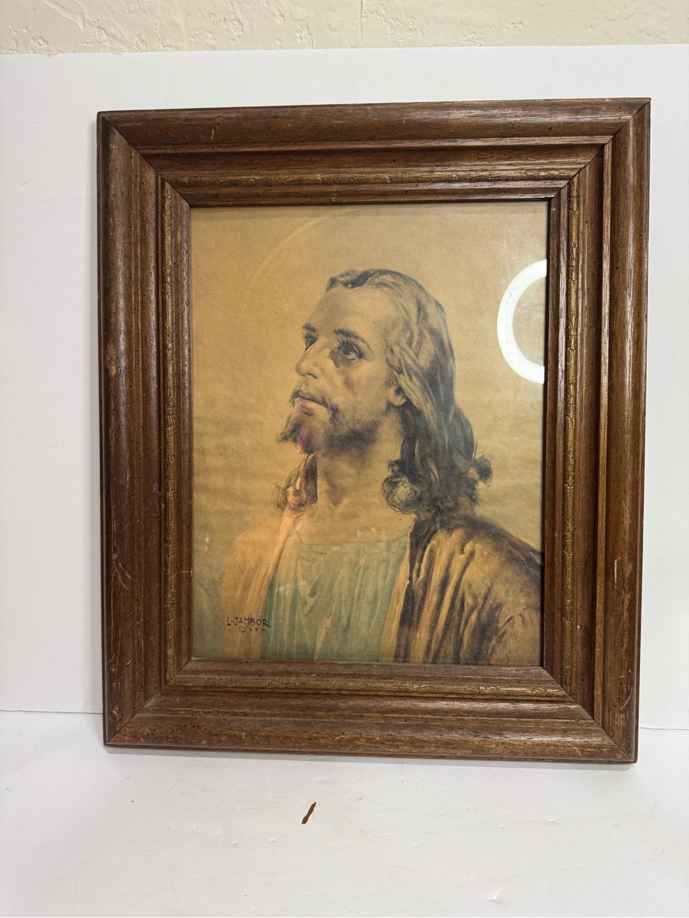 Vintage Framed Jesus Portrait Art Print by L. Jambor | Antique Wooden Frame